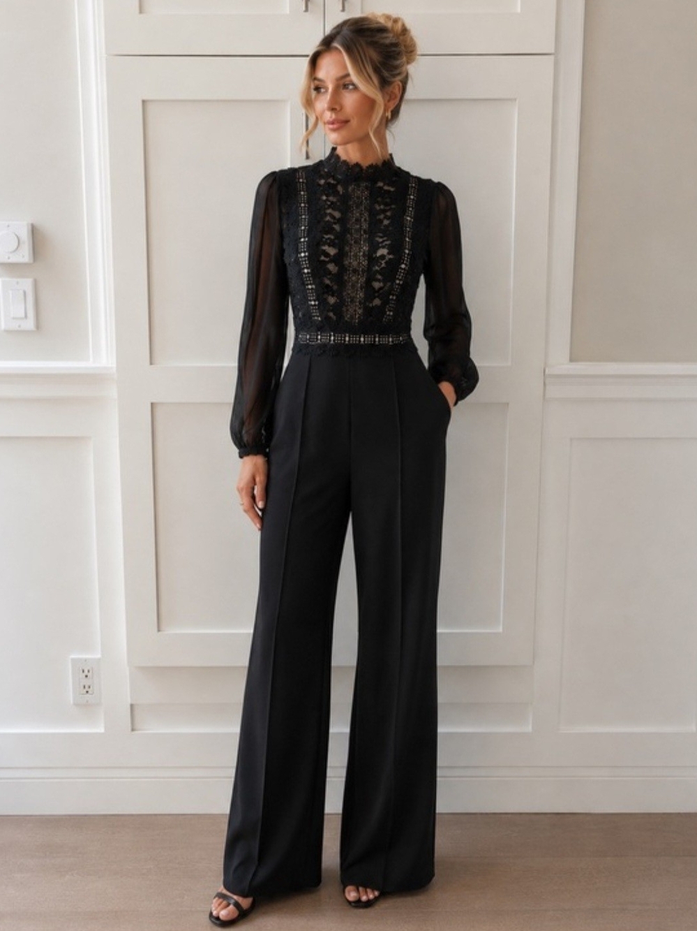 NWT Emprada Black Lace-Trim Long-Sleeve Jumpsuit